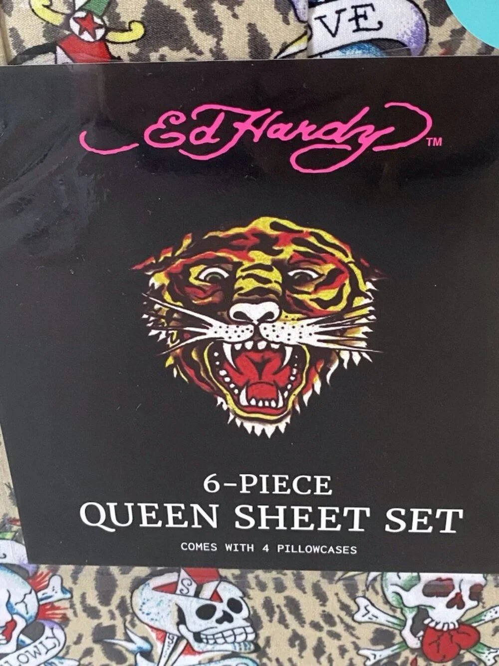 6 PC Ed Hardy QUEEN SIZE Sheet Set Skulls‎ Heart Leopard Animal Print NEW